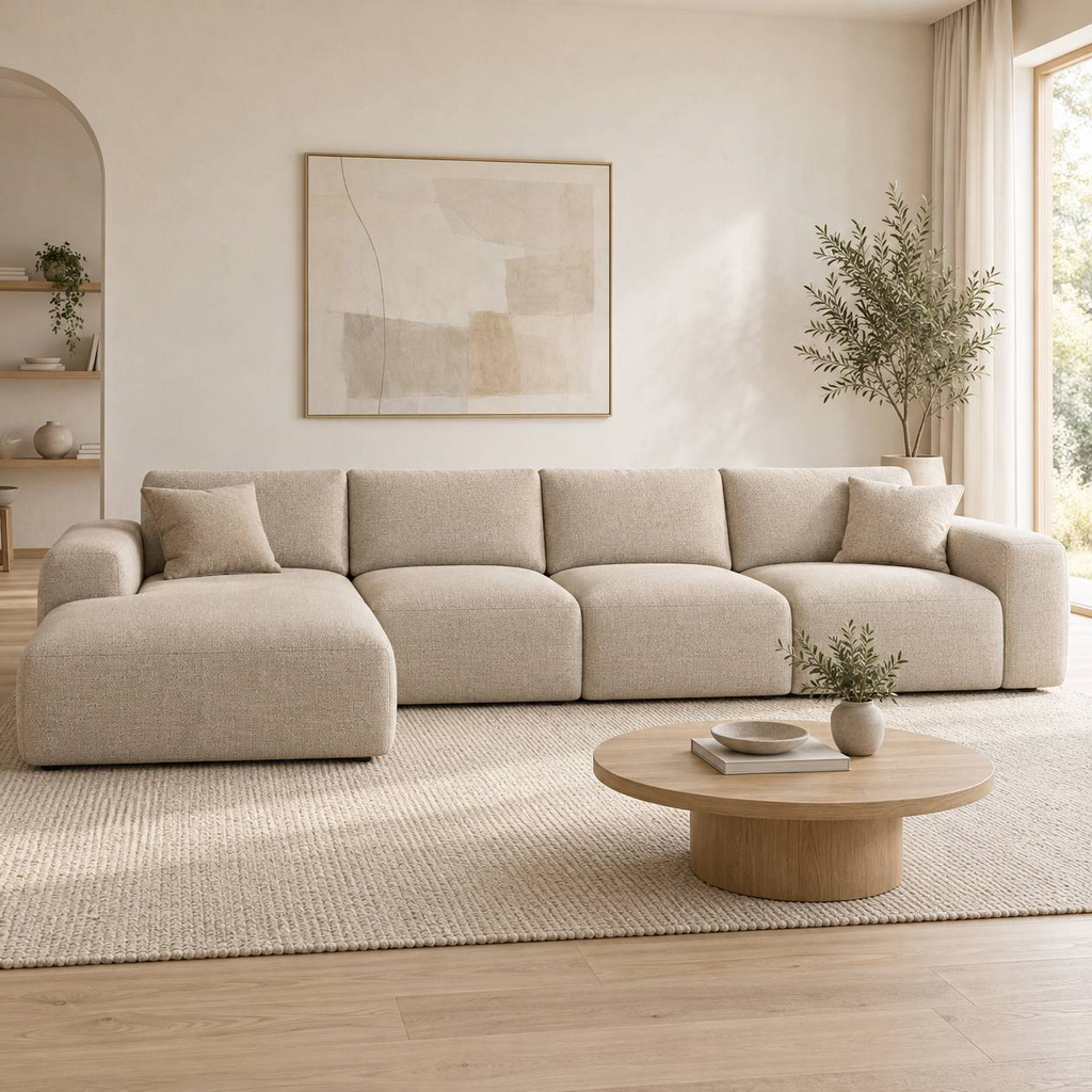 VILJA fem-sits L-soffa med vänstervänd schäslong i beige