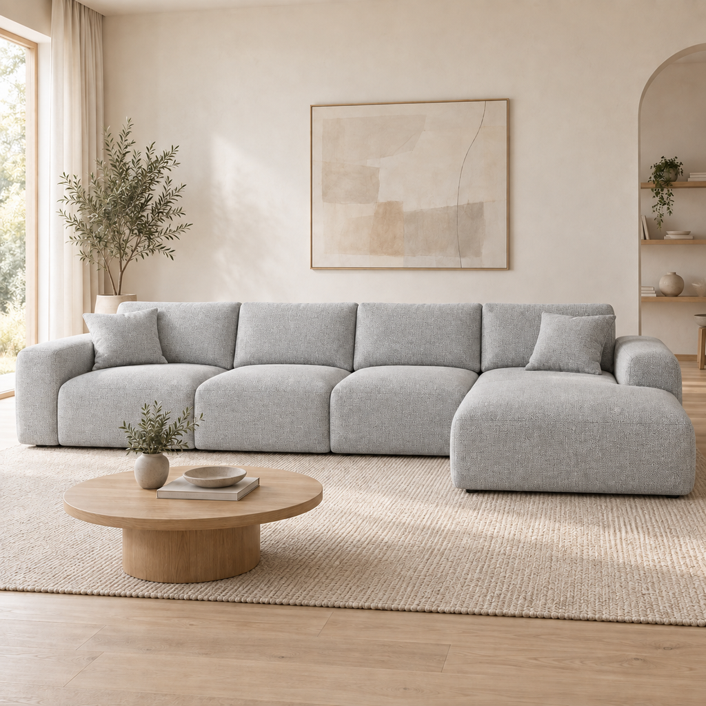 VILJA fem-sits L-soffa med schäslong i grå