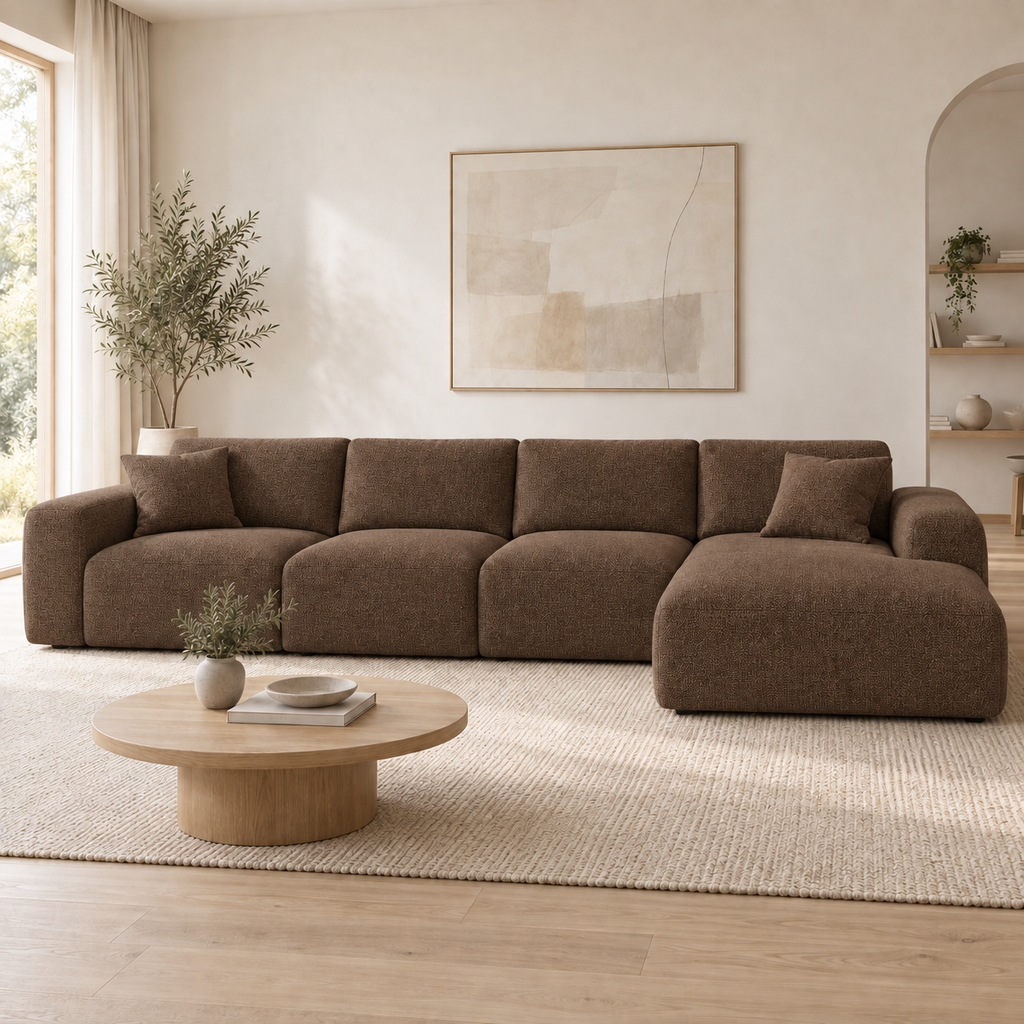 VILJA fem-sits L-soffa med schäslong i brun