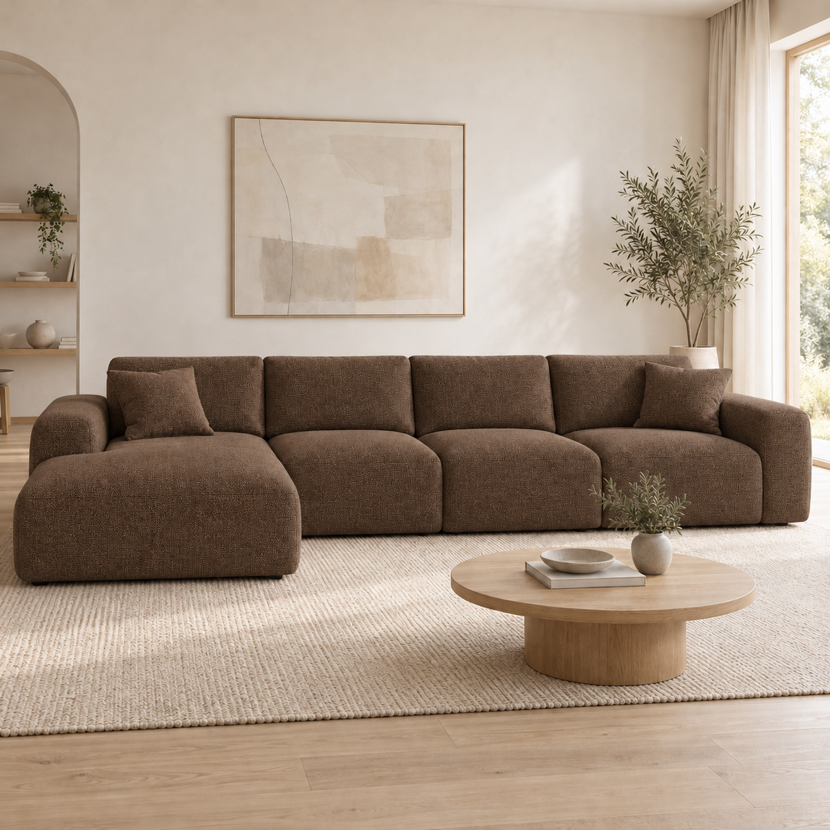 VILJA fem-sits L-soffa med vänstervänd schäslong i brun